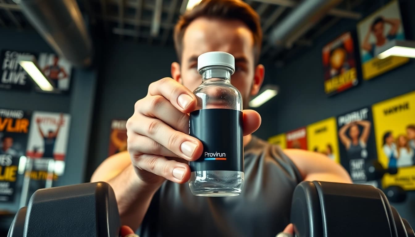 Kaufen Sie proviron mit einem starken Fitness-Coach in einem modernen Fitnessstudio.