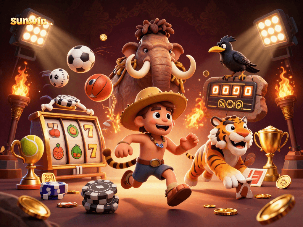 Experience thrilling wins at sunwin 20 with our lively prehistoric casino scene featuring cavemen and slot reels.