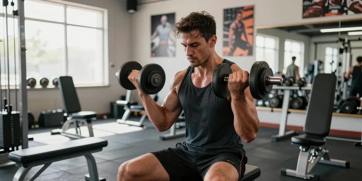 Ein Bodybuilder im Anabolika Shop bei der Durchführung von Bizeps-Curls mit Hanteln, symbolisch für Muskelaufbau und Fitness.