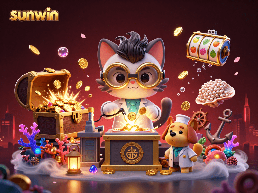 Join the fun at sunwin with this vibrant 3D illustration featuring a mad scientist cat and loyal dog amidst dynamic slot game elements.
