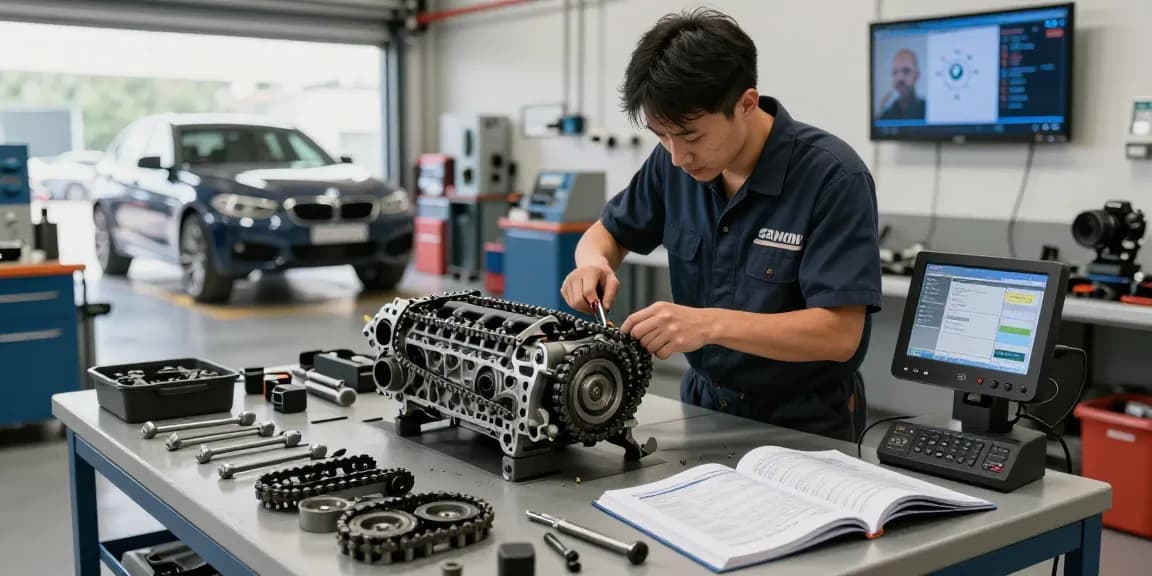 Der Prozess des BMW Steuerkette Wechselns wird von einem Techniker in einer Werkstatt durchgeführt, wobei Werkzeuge und Arbeitsabläufe zu sehen sind.