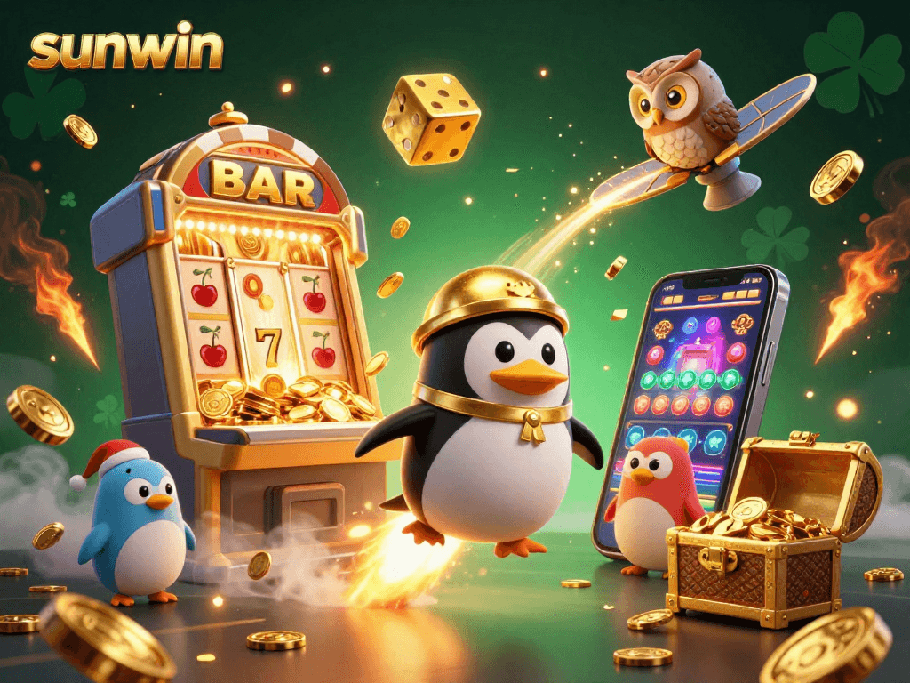 Experience excitement with sunwin as a golden penguin launches towards a vibrant casino.