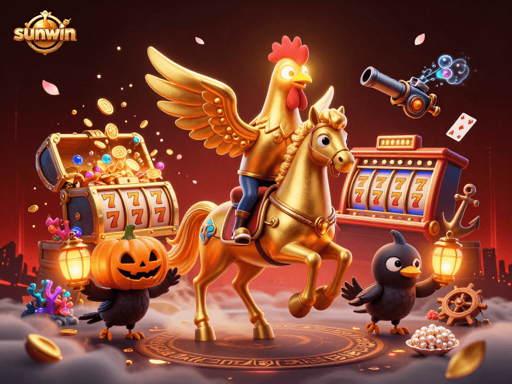 Experience the excitement of sunwin with a golden rooster and friends in a vibrant casino scene.