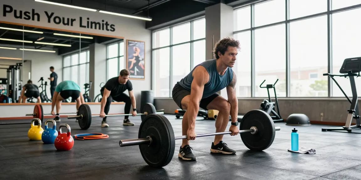 Eine dynamische Fitnessszene im Selliza Shop mit einem Athleten, der perfekt eine Deadlift-Übung ausführt.