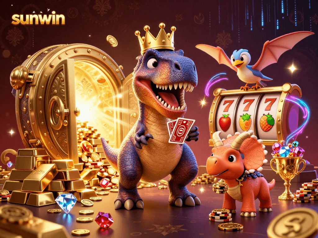 Experience thrilling gameplay with sunwin as T-Rex shuffles cards surrounded by treasures.