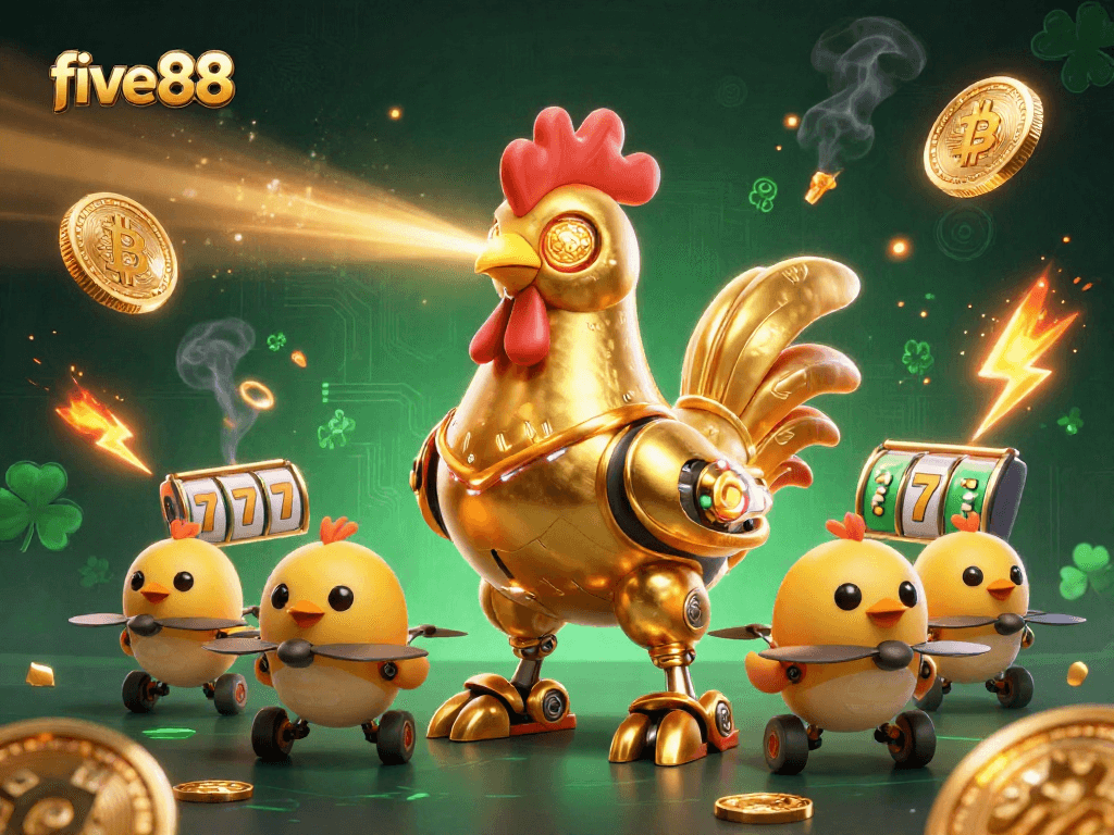 Engage with five88 in an exciting 3D casino scene featuring a golden rooster robot and vibrant game elements.