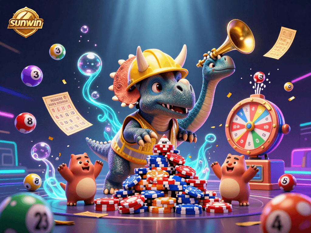 Engage with sunwin's exciting lottery scene filled with colorful balls, golden tickets, and vibrant characters.