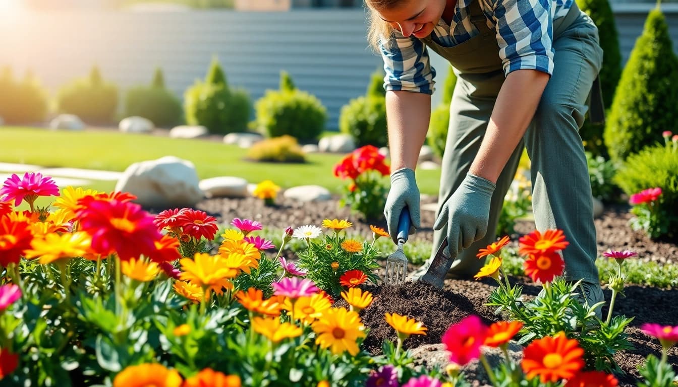 Galabauer planting vibrant flowers in a beautifully landscaped garden.