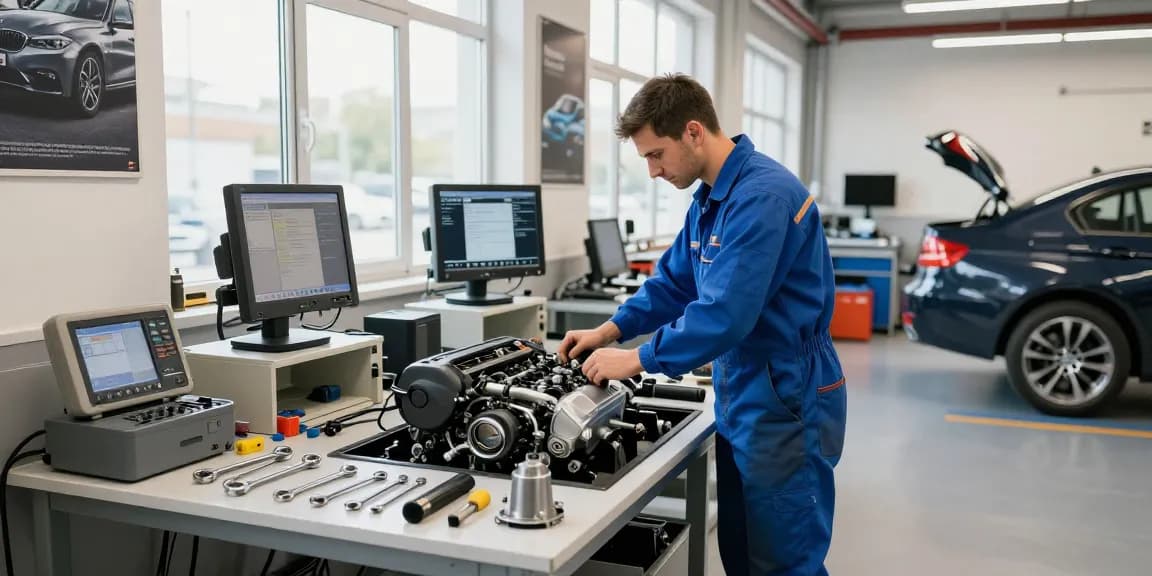 Fachmechaniker diagnostiziert einen BMW-Motor in einer professionellen BMW Werkstatt.