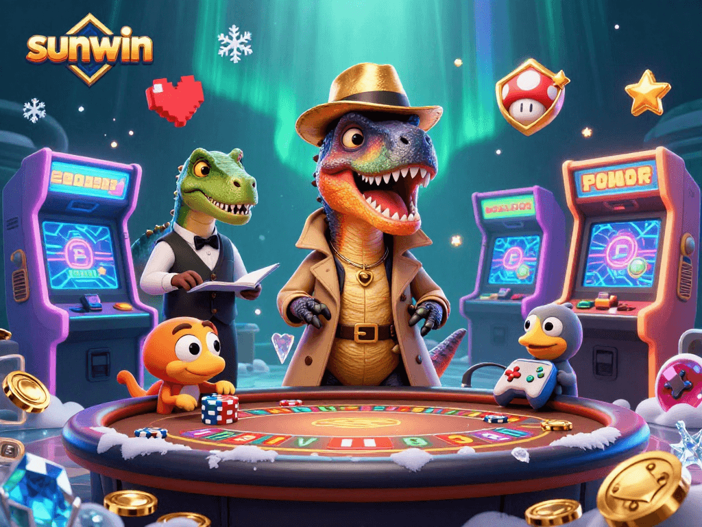 Get ready to win at Sunwin, as our velociraptor card counter interacts with a stegosaurus pit boss in an exciting casino scene.