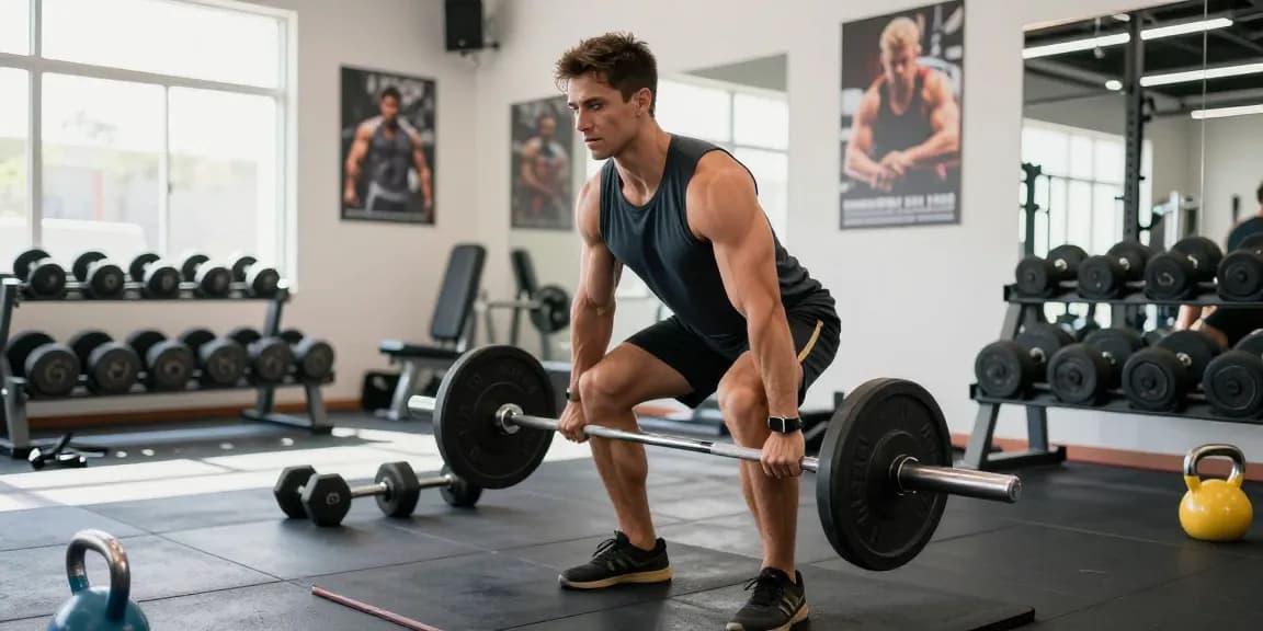 Akra Labs Steroid Shop: Athlet beim Krafttraining in modernem Fitnessstudio mit motivierender Atmosphäre.