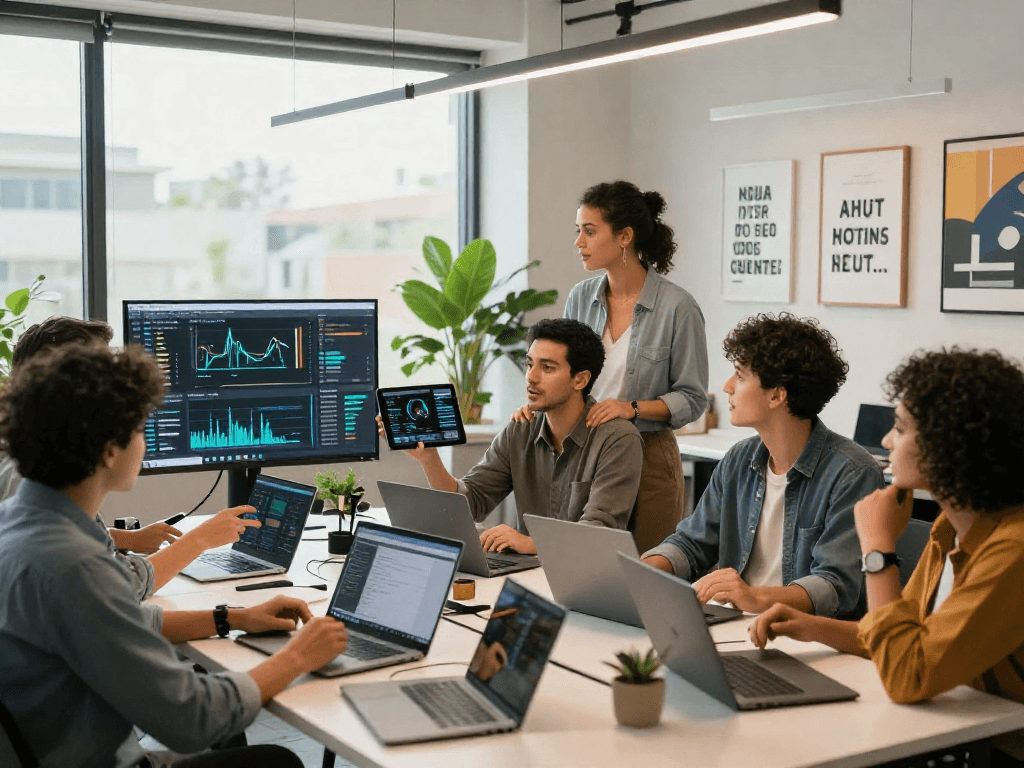 Team collaborating on innovative app development at http://debet-app.com in a modern office space.