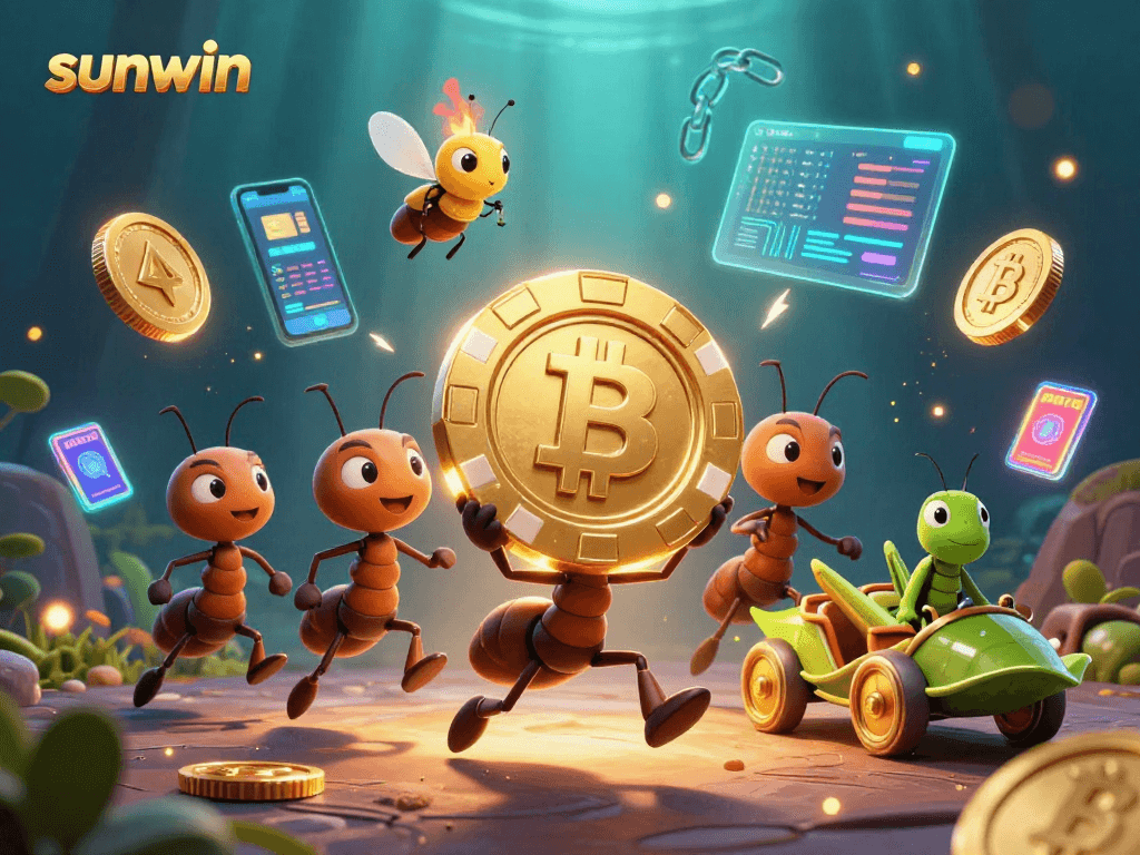 Sunwin's ants heist illustration with golden poker chip and crypto coins in a vibrant casino scene.