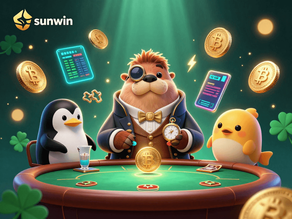 Experience poker fun with sunwin in this vibrant 3D underwater casino scene featuring unique characters.