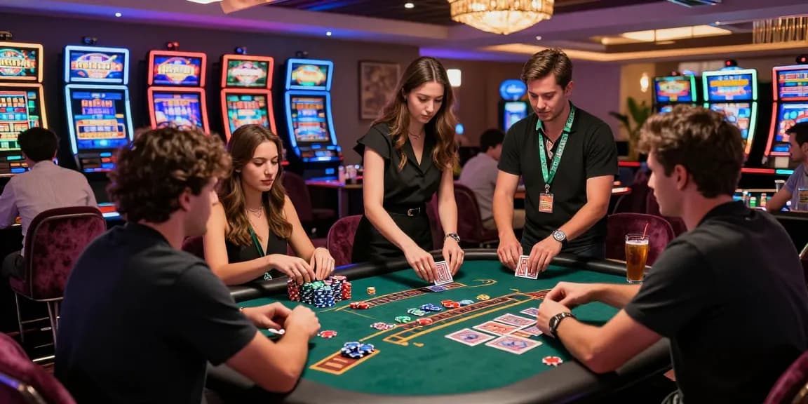 vin888 casino gaming setup with diverse players at a blackjack table