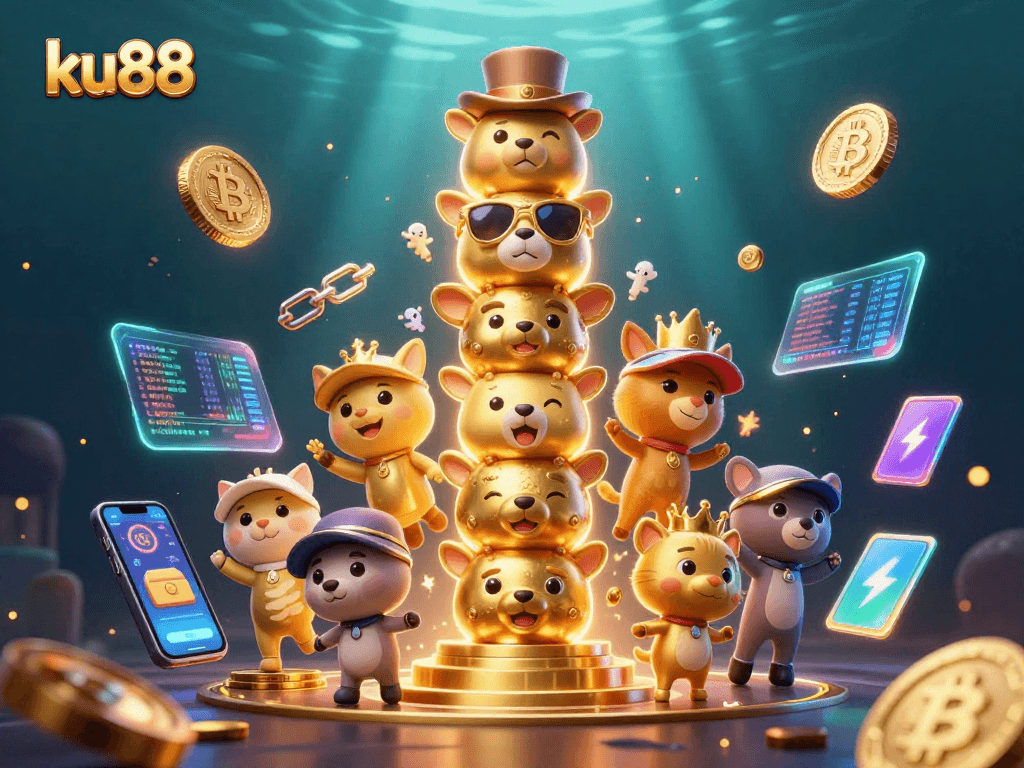 Experience the thrill of ku88 with vibrant 3D casino elements and glowing cryptocurrencies.