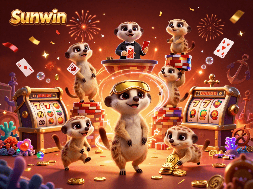 Experience the thrill of sunwin with meerkats in a vibrant casino scene filled with slots and celebrations.