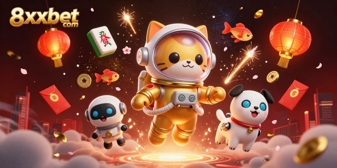 Experience the excitement at 8xbet com with vibrant visuals featuring an astronaut cat and dynamic gambling elements.