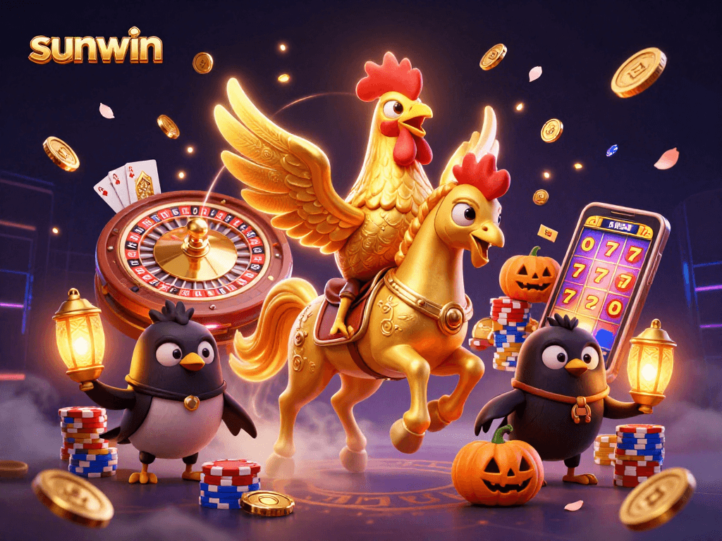 Experience the thrill of sunwin with a golden rooster and a spectral horse in a vibrant casino night scene.