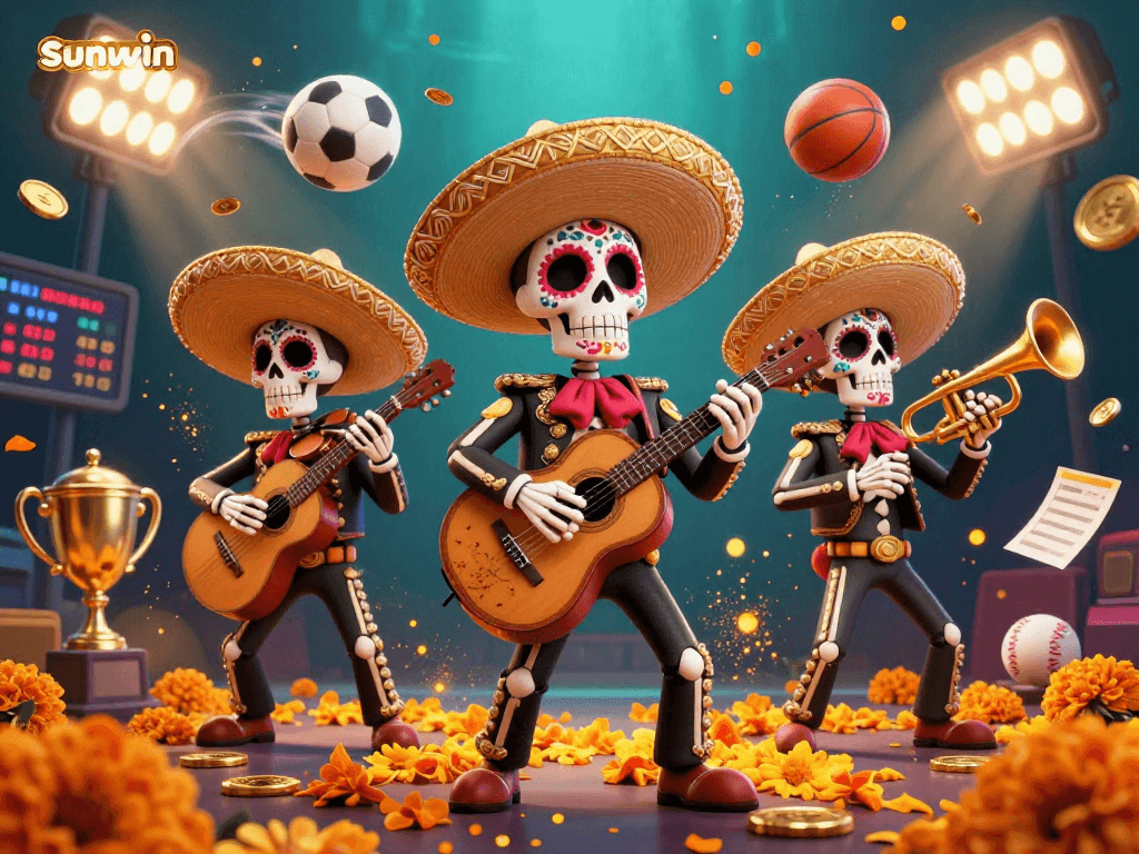 Join the excitement with sunwin in this vibrant casino scene featuring a Day of the Dead mariachi band amidst sports elements.