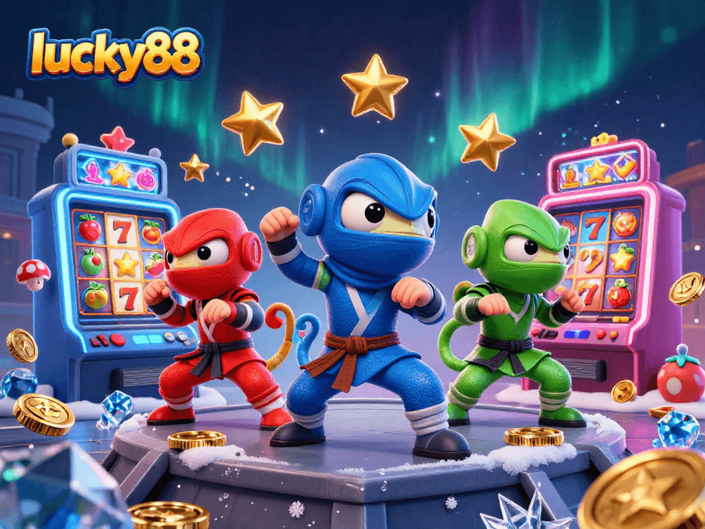 Experience the thrill of lucky88 with a vibrant scene of ninja chameleons amidst exciting slot machines and dazzling effects.