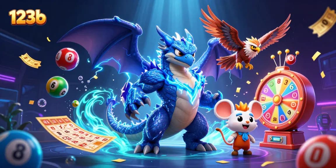 Engage with 123b's vibrant casino world featuring a thunder dragon and game elements in action.