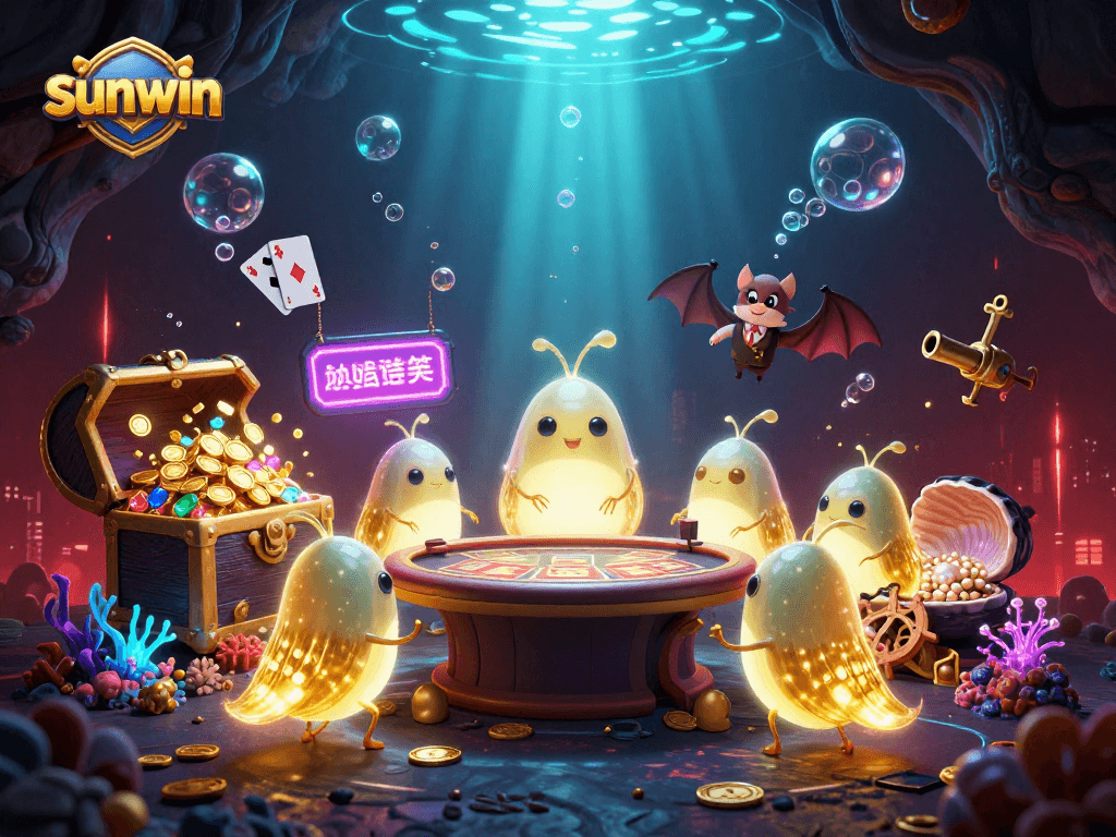 Illuminate your gameplay with sunwin in this vibrant cave casino scene featuring glowing characters and treasure.