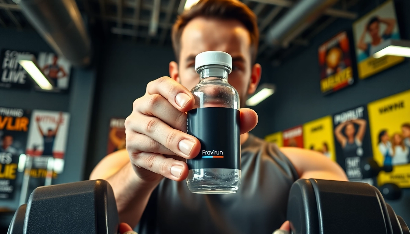 Kaufen Sie proviron mit einem starken Fitness-Coach in einem modernen Fitnessstudio.