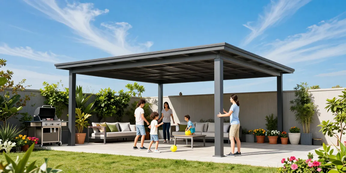 Familie unter einer freistehenden Terrassenüberdachung im Garten, sonnige Atmosphäre.
