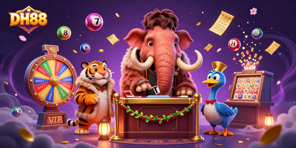 Experience thrilling gameplay at DH88 with a vibrant casino scene featuring a woolly mammoth bouncer and lottery fun.
