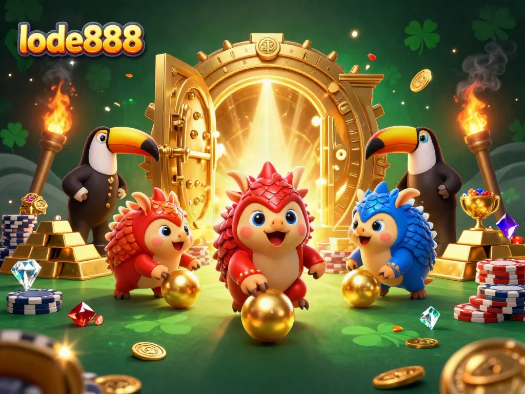 Engaging scene of lode888 with rival pangolins bowling poker chips, symbolizing online gambling excitement.