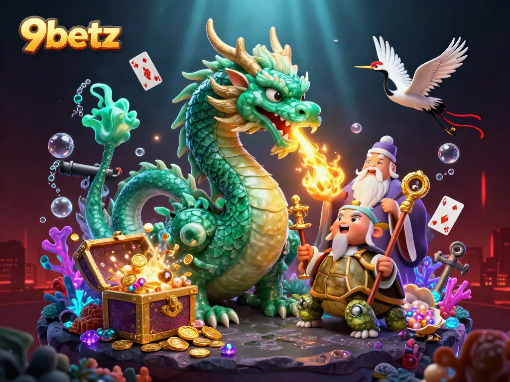 Experience winning excitement with 9betz, featuring vibrant 3D illustrations of casino themes, dragons, and treasures.