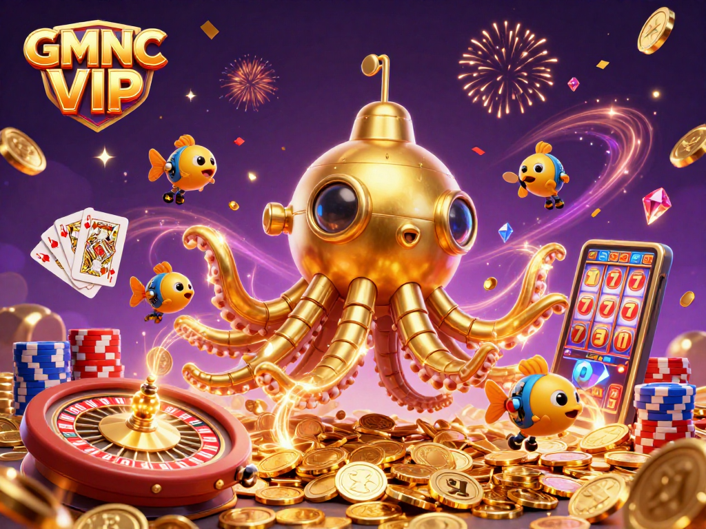 Spin the reels and win big with GMNC VIP, featuring a golden kraken submarine amidst cascading coins and vibrant casino elements.