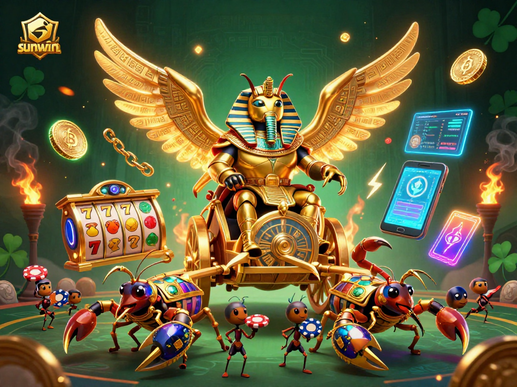 Engage with sunwin's vibrant scene featuring a golden scarab and thrilling casino symbols!