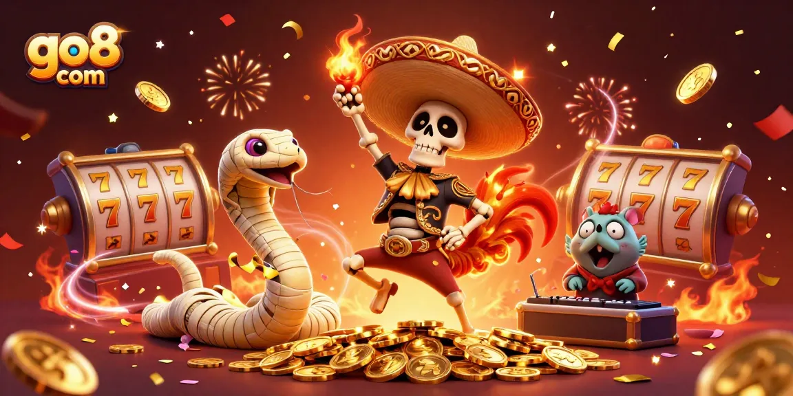 Play exciting games and win big at go8 com with vibrant casino characters celebrating around golden coins.