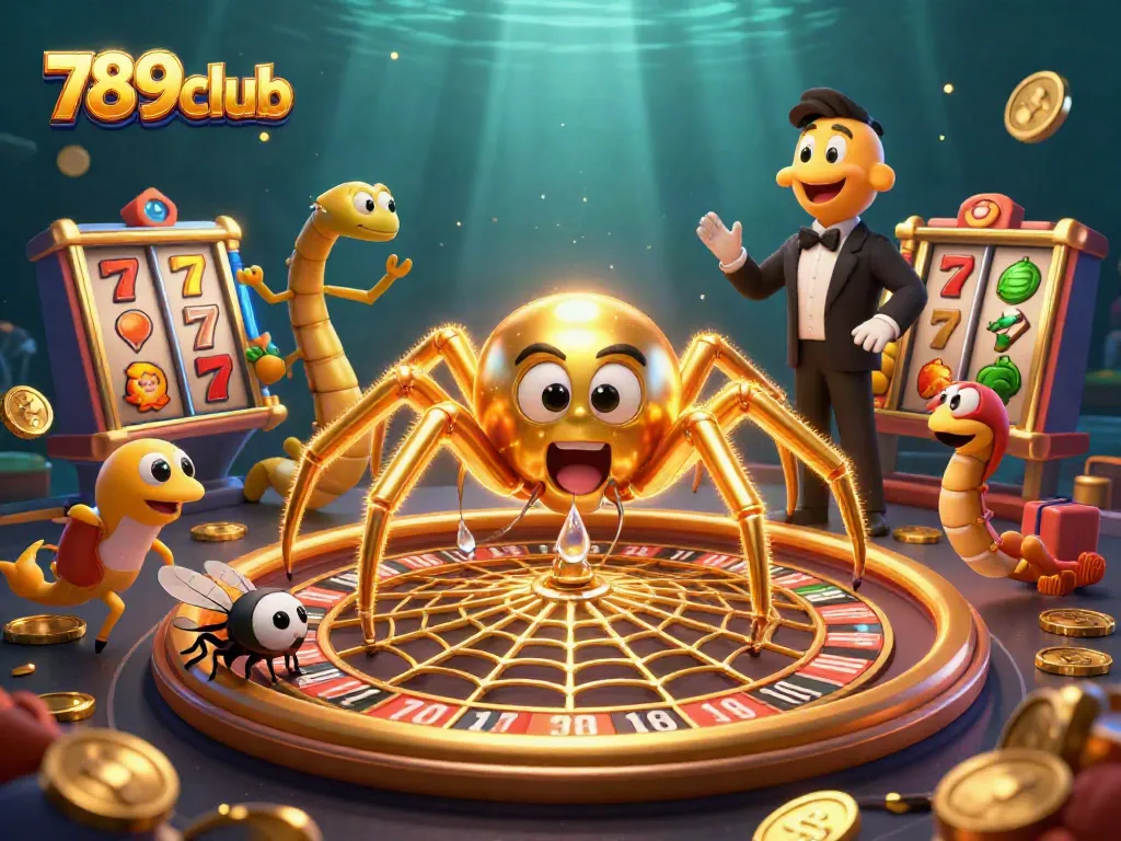 Experience thrilling action at 789club with a golden spider in a roulette web, showcasing dynamic slot reels.
