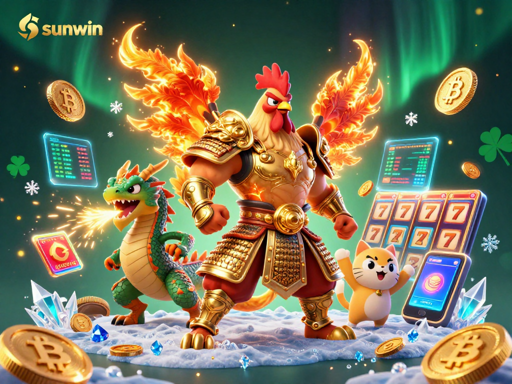 Join the sunwin adventure with a victorious rooster and dragon in a vibrant crypto casino scene.