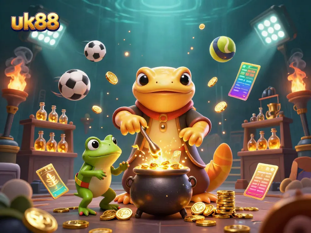 Engage with uk88's thrilling gold coin transmutations in a bustling medieval casino laboratory.