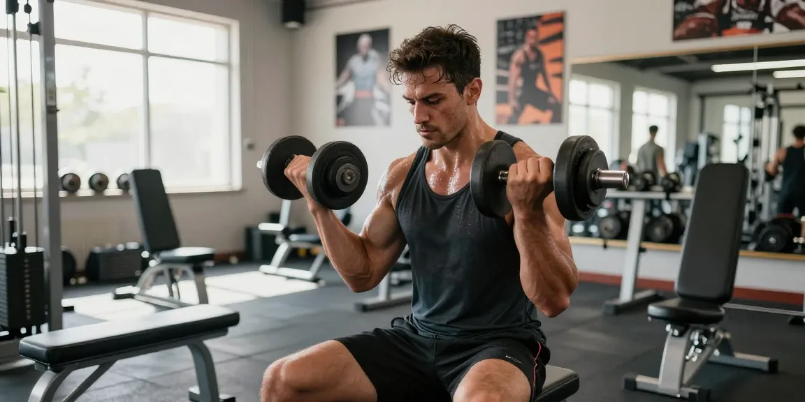 Ein Bodybuilder im Anabolika Shop bei der Durchführung von Bizeps-Curls mit Hanteln, symbolisch für Muskelaufbau und Fitness.