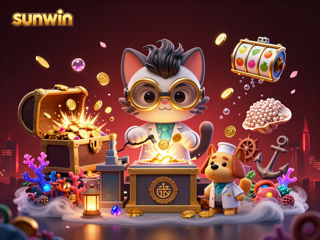 Join the fun at sunwin with this vibrant 3D illustration featuring a mad scientist cat and loyal dog amidst dynamic slot game elements.