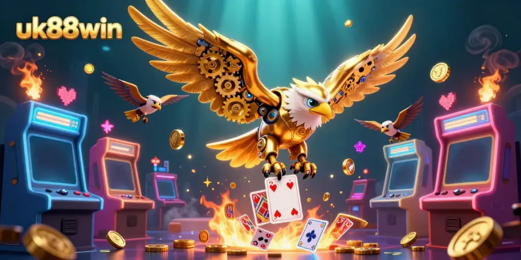 Engage in thrilling gameplay with the uk88win illustration of a cybernetic golden eagle amidst dynamic casino elements.