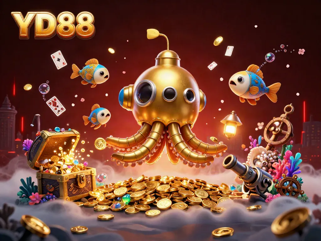 Experience thrilling gameplay at YD88 with a golden kraken submarine amidst riches and vibrant casino elements.