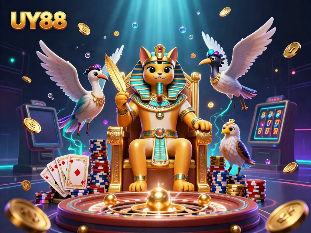 Experience the vibrant energy of UY88 with a dynamic illustration of a pharaoh cat and companion, surrounded by casino elements.