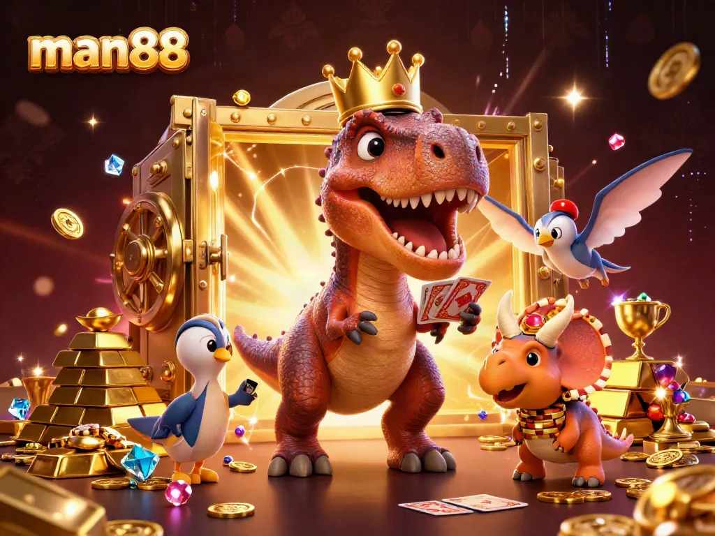 Engaging scene of man88 characters in 3D environment featuring a T-Rex, pterodactyl, and triceratops at a casino