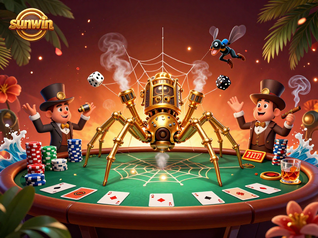 Engage with sunwin's dynamic casino world featuring a steampunk spider and poker elements.