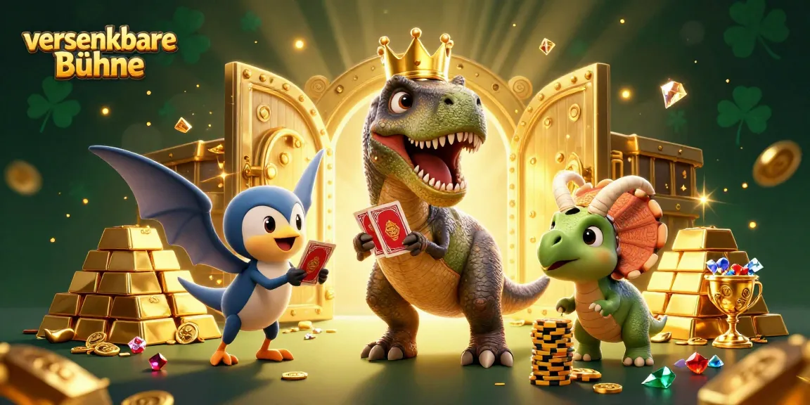 Die versenkbare Bühne zeigt ein fröhliches T-Rex, der Karten mischt, neben einem Pterodaktylus und einem Triceratops, der Chips stapelt.