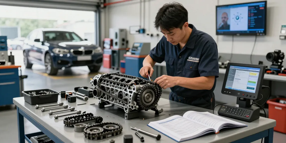 Der Prozess des BMW Steuerkette Wechselns wird von einem Techniker in einer Werkstatt durchgeführt, wobei Werkzeuge und Arbeitsabläufe zu sehen sind.