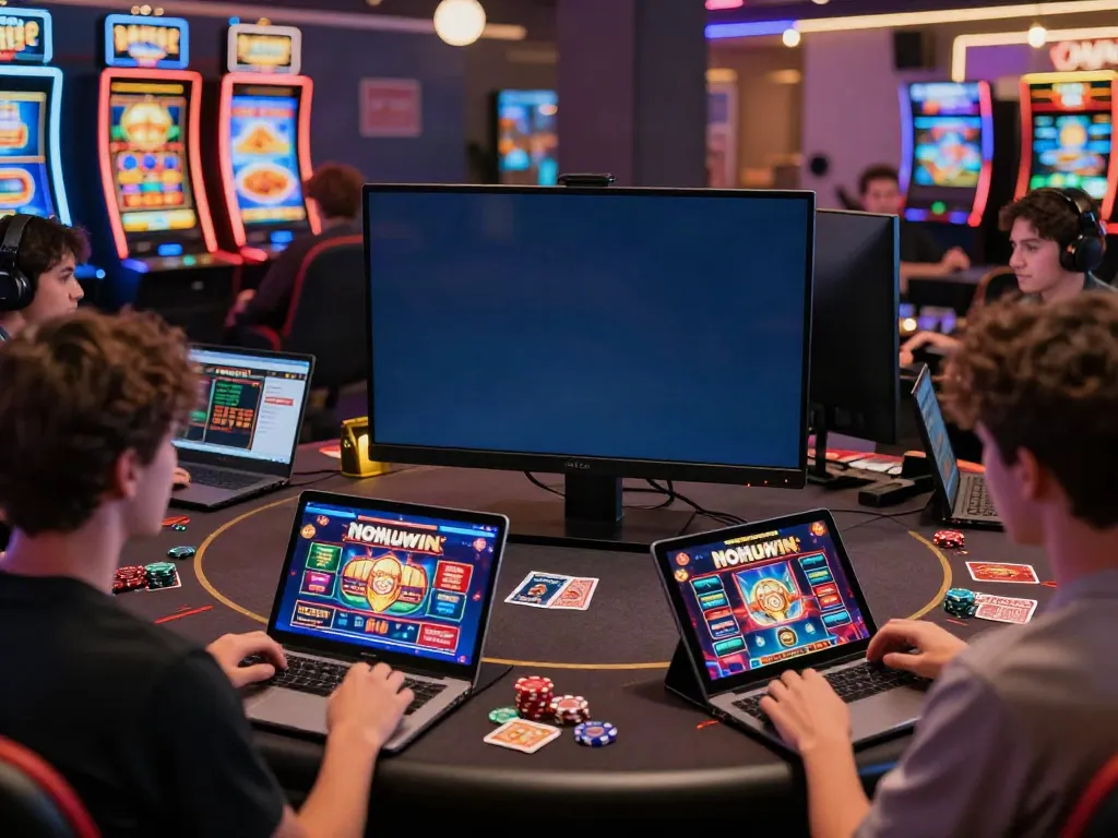 Nohuwin gaming platform scene showcasing players enjoying casino games online at https://choinohu.vip/ with vibrant colors and modern lounge atmosphere.