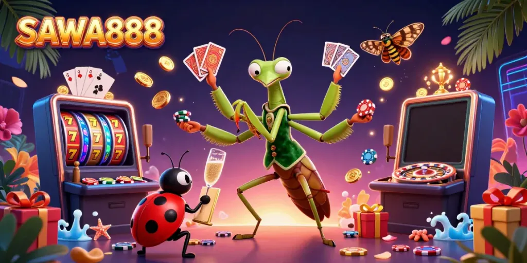Experience the excitement of SAWA888, showcasing a giant praying mantis card sharp and ladybug pit boss in a vibrant casino scene.