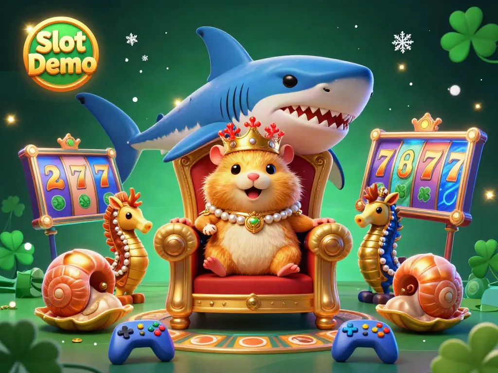 Engage with Slot Demo as you witness a golden hamster king on a shark throne surrounded by vibrant casino elements.